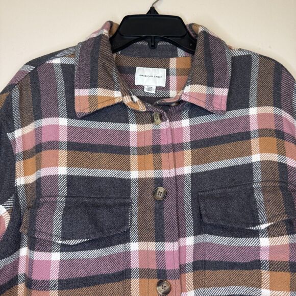 American Eagle women's size medium M plaid flannel button pink gray shacket top - Picture 4 of 13